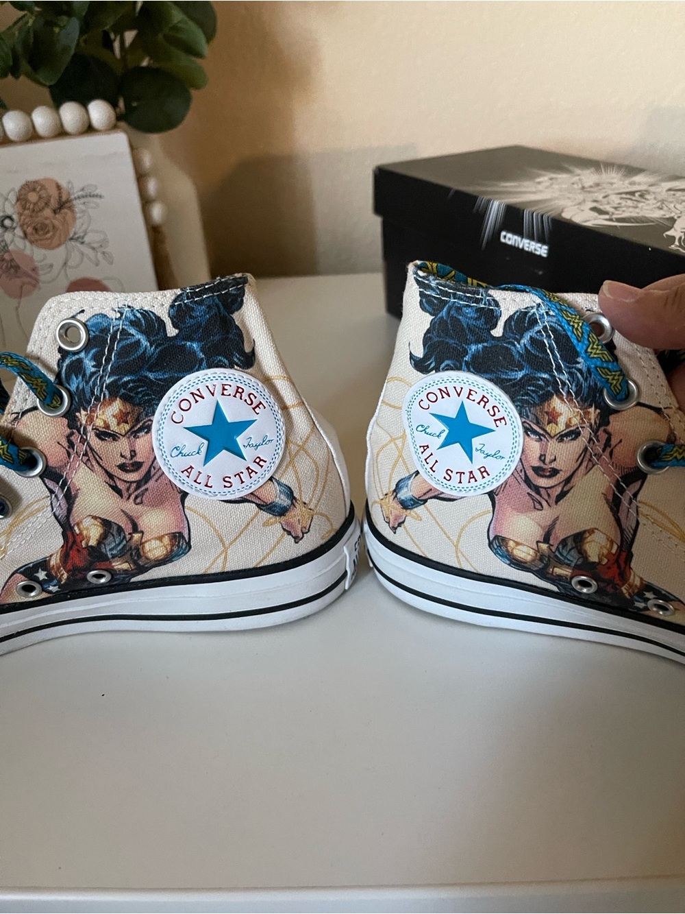 Converse Wonder Woman High Top Sneakers — White with Blue & Gold Accents 8 - Picture 11 of 12